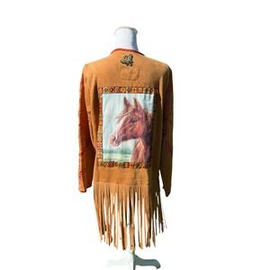 Lesal Up-cycled Faux Suede Fringe Horse Jacket Brown Western Boho Medium